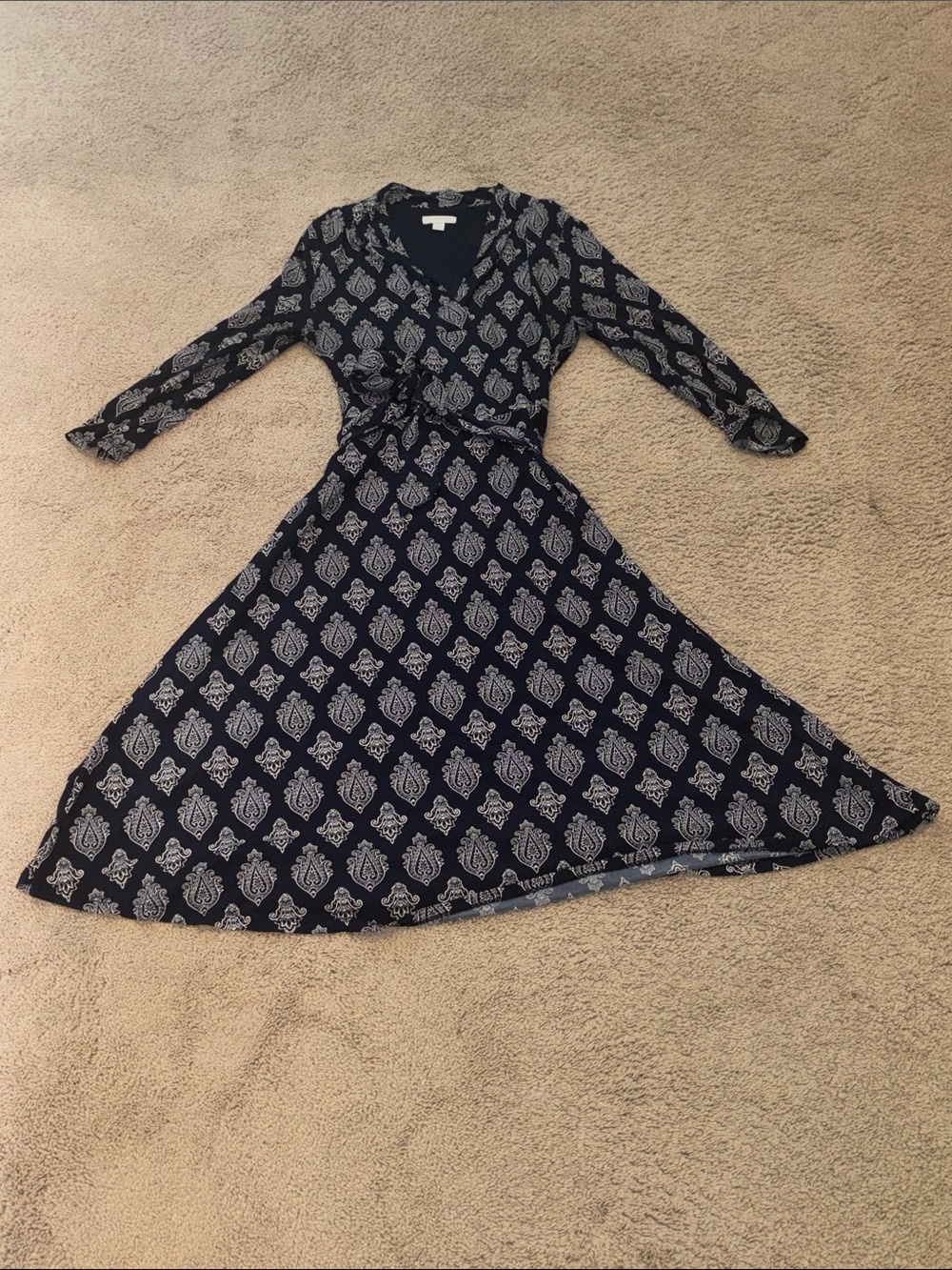 Charter Club Navy and White Paisley-Print Long Sleeve Wrap Dress